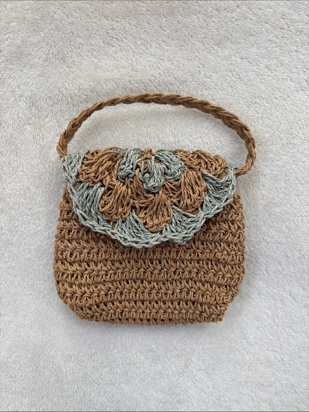Handwoven Mini Crochet Shoulder Bag in Tan and Light Blue